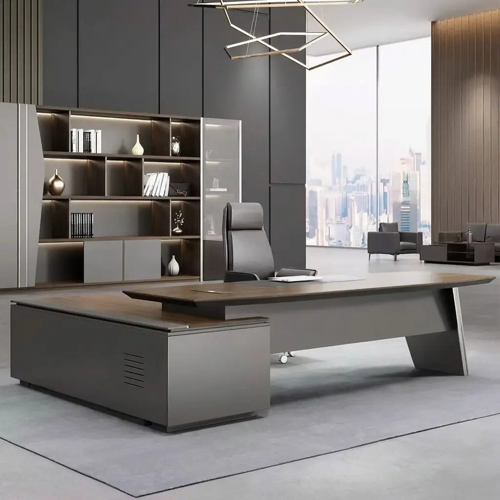 Executive L-shaped desk in a city-window office