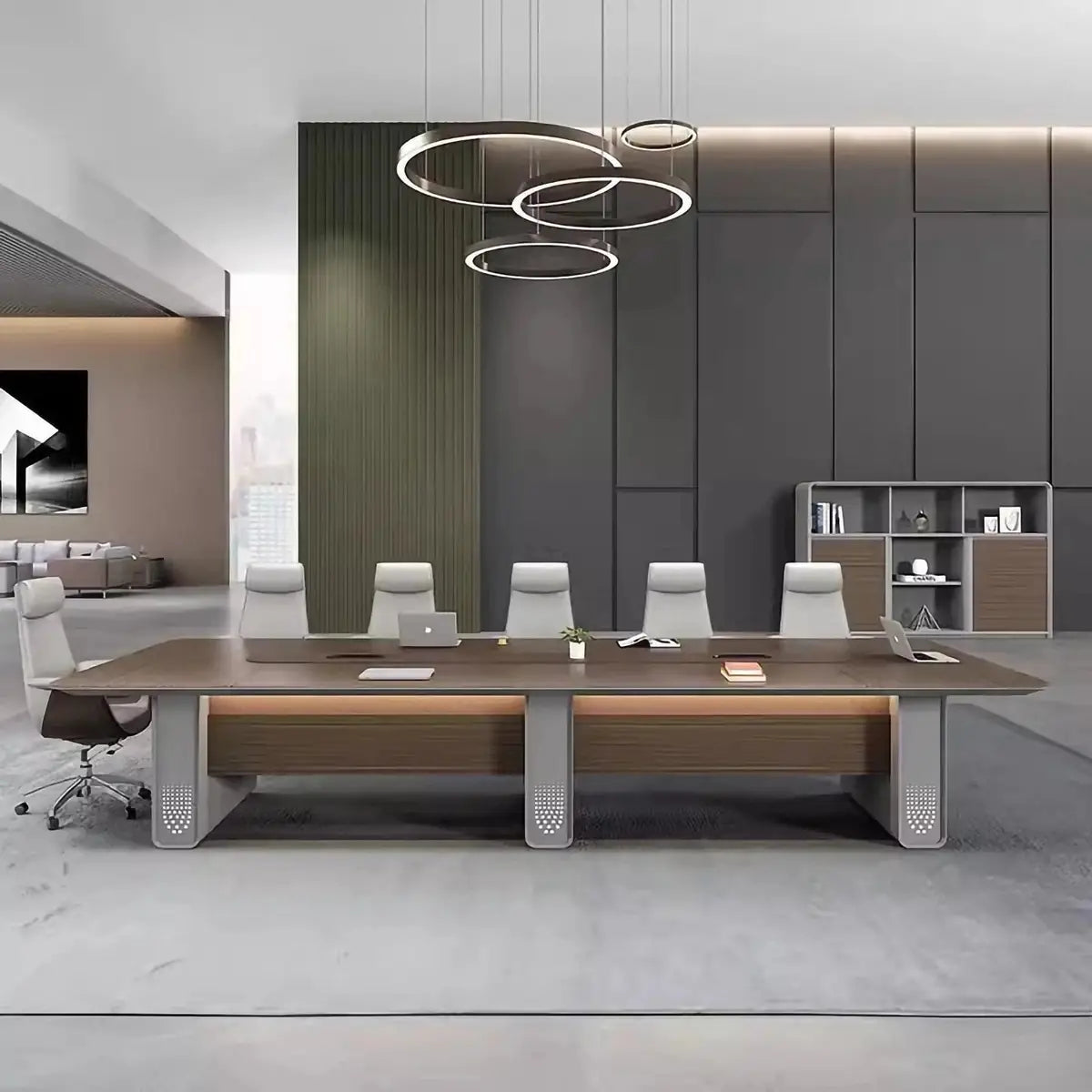 Executive boardroom with a long conference table under a chandelier