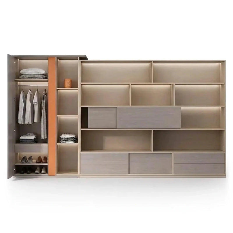 Perrin 10′ (120-inch) luxury office wall unit in light gray oak, lit open shelves with a copper panel and a tall wardrobe