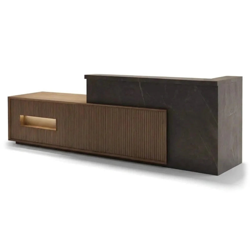 Knox reception desk: slate gray counter with fluted beige credenza, studio view