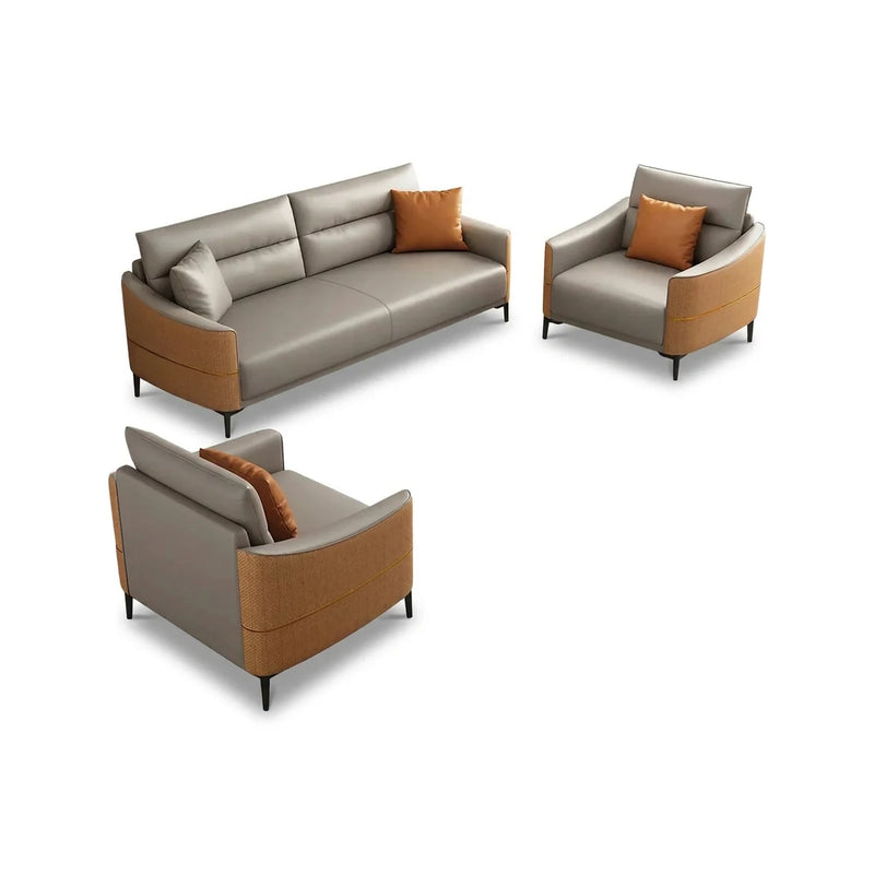Fårö modern office lounge conversation set in beige and fawn leather with gold piping: 3-seater sofa and two arm chairs