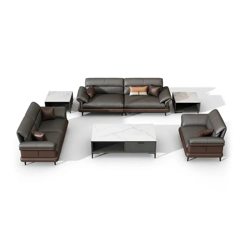Dellen modern office lounge conversation set in black leather with brown base trim: 3-seater sofa, two arm chairs and side tables