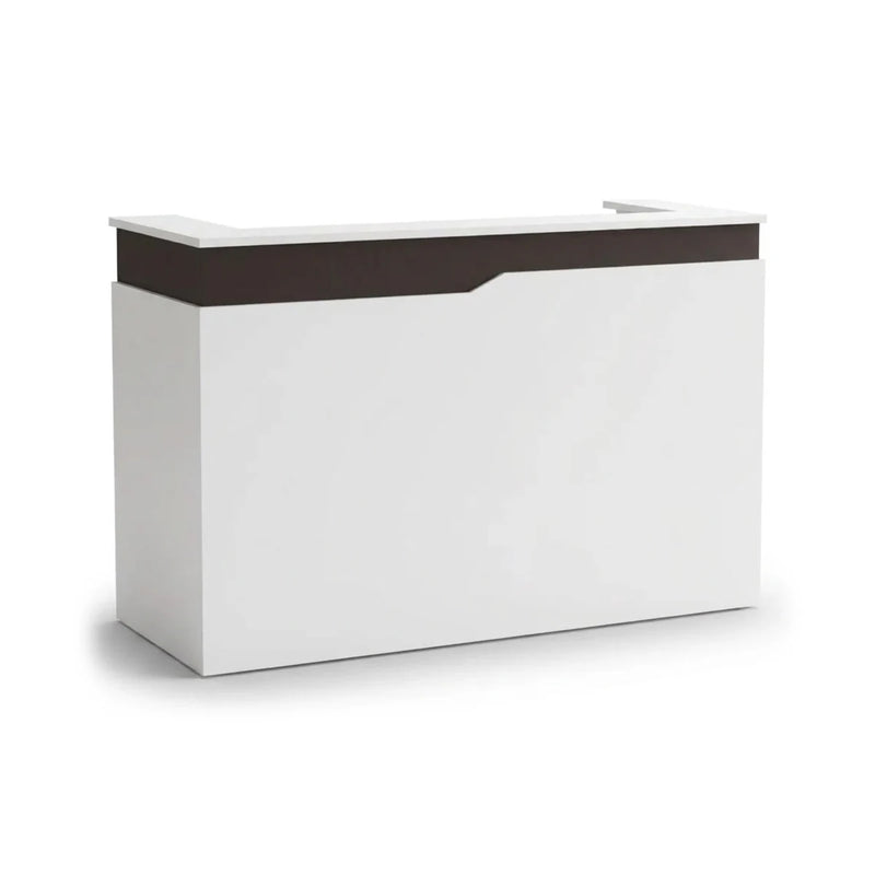 Elric compact reception desk in white with a dark accent band, studio view