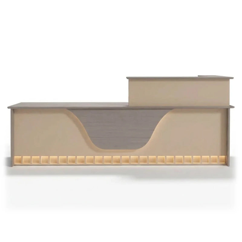 Ada reception desk, beige with walnut top and lit base cubbies, in 8′ (96-inch) and 9′2″ widths