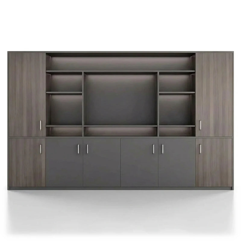 Loxley 11′10″ (142-inch) luxury office wall unit in gray oak, open display shelves over dark gray cabinet doors, side cabinets