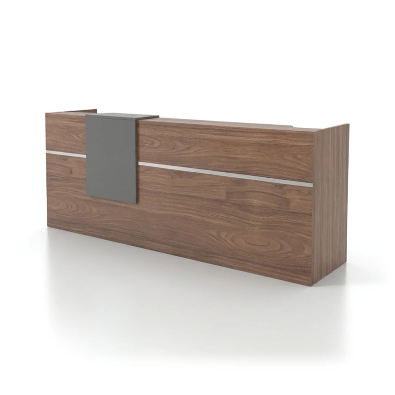 Ismere reception desk in amber walnut with gray runner, studio view