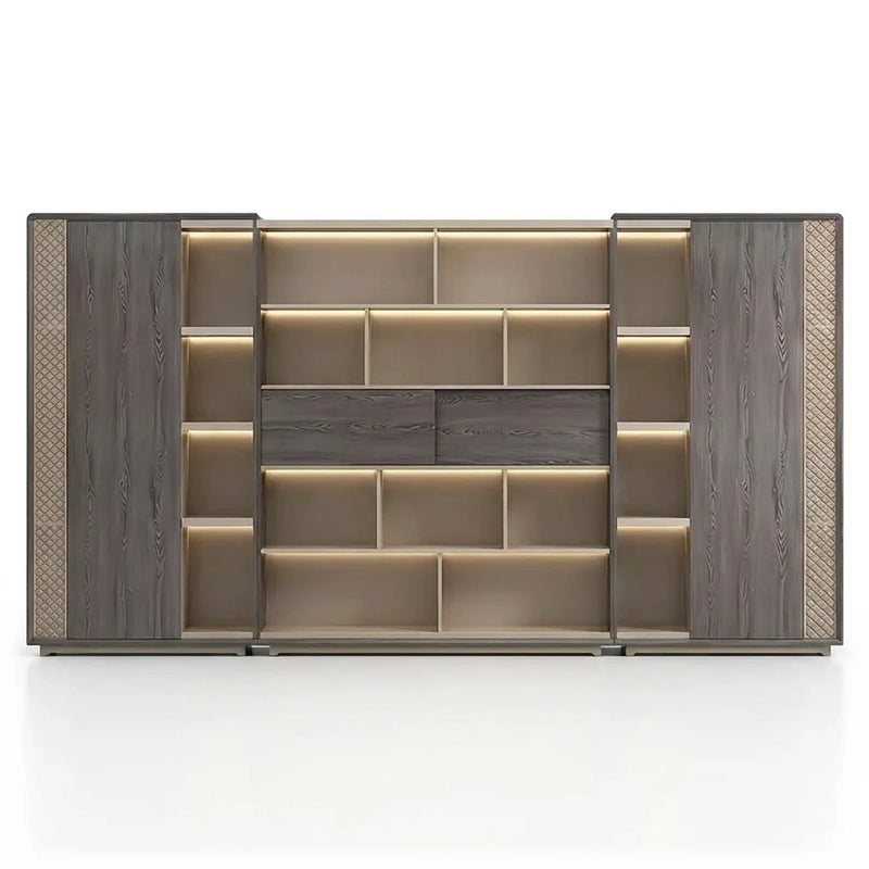 Loxmere 11′10″ (142-inch) luxury office wall unit, gray barnwood side cabinets, mesh panels, lit beige shelves and a sliding door