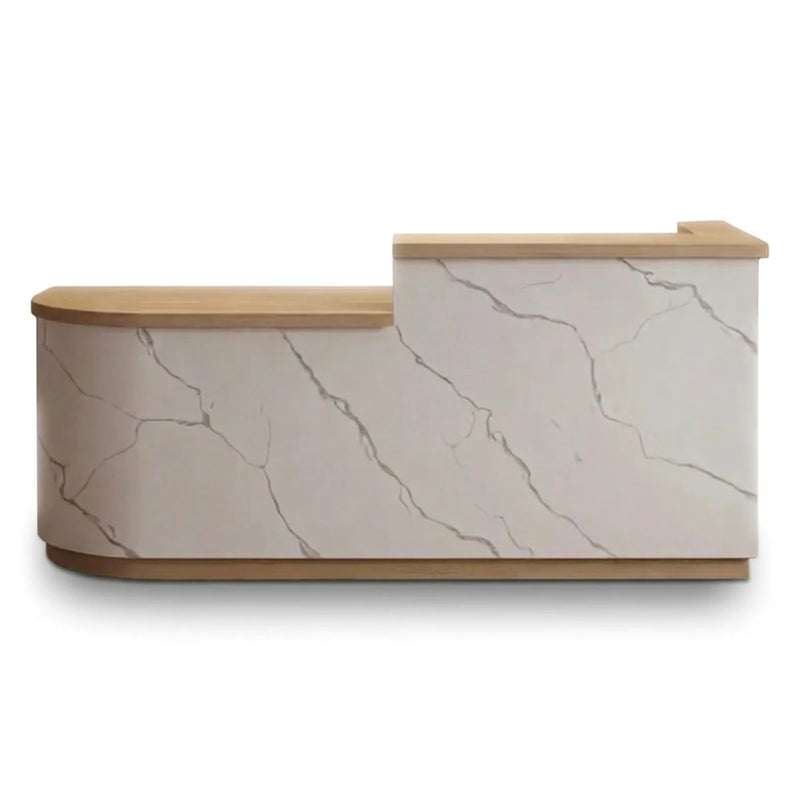 Beatriz reception desk, 6′ (72-inch) width, veined marble-patterned front with elm trim