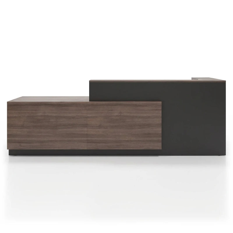 Sofia reception desk in mocha walnut and charcoal, angled studio view