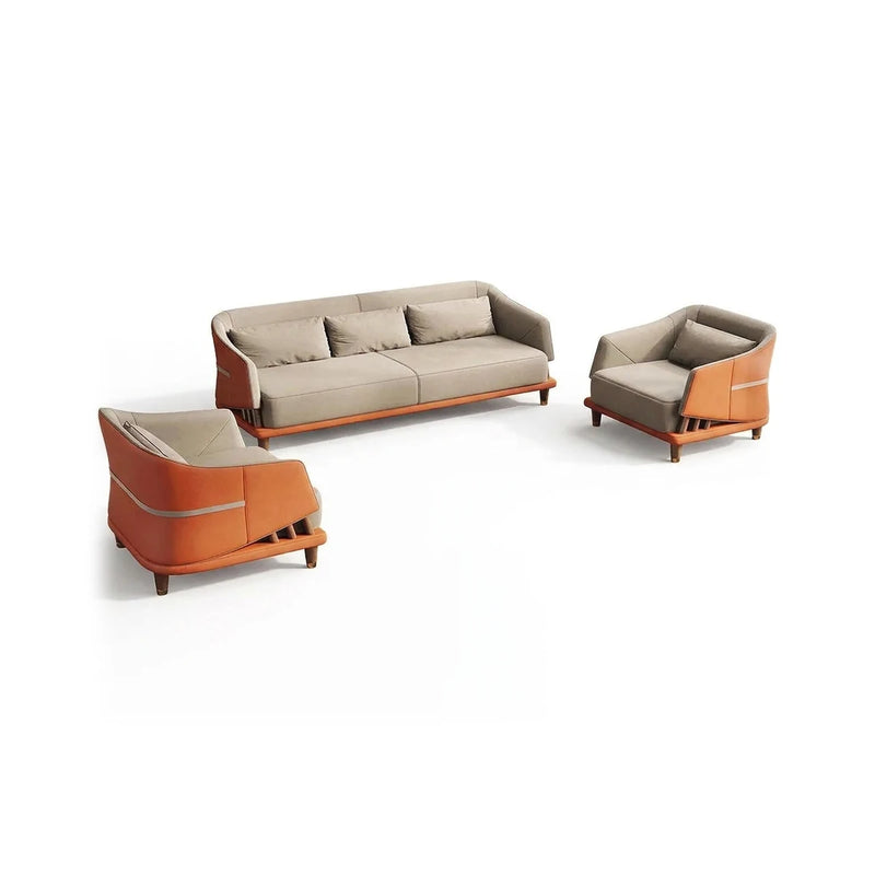 Sommen modern office lounge conversation set in off-white and orange upholstery: 3-seater sofa and two curved arm chairs
