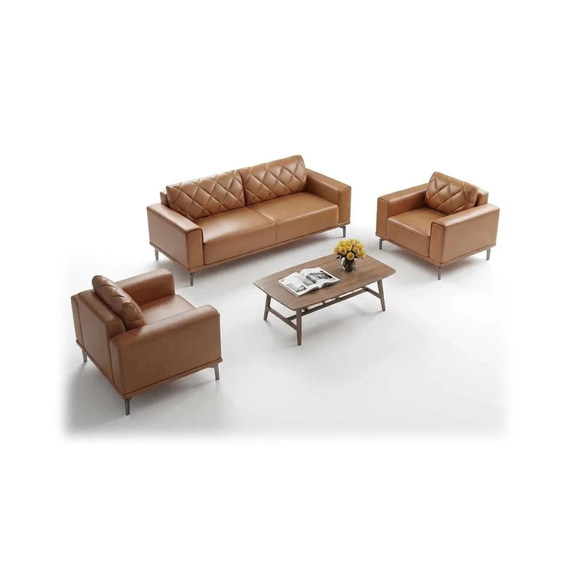 Ekerö modern office lounge conversation set in brown leather with diamond-quilted backs: 3-seater sofa and two arm chairs