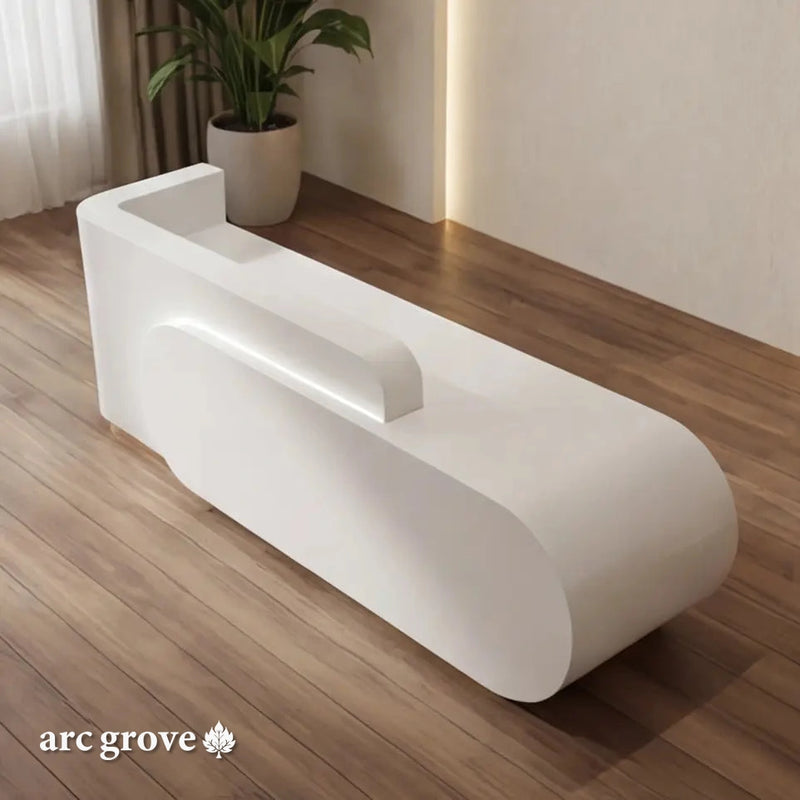 Odette desk angled on wood flooring in a spa