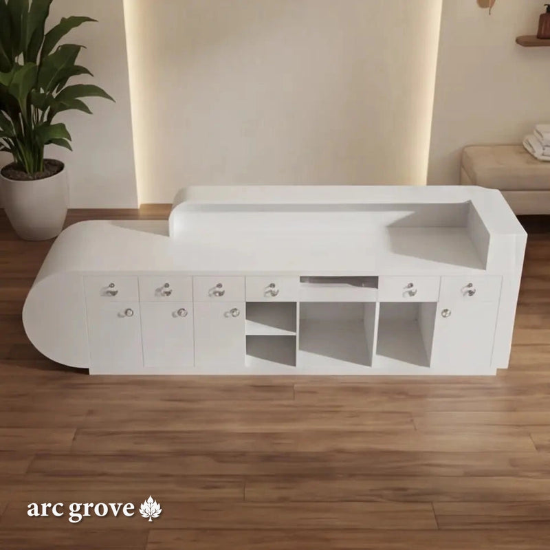 Staff side of the Odette desk with drawers and open bays