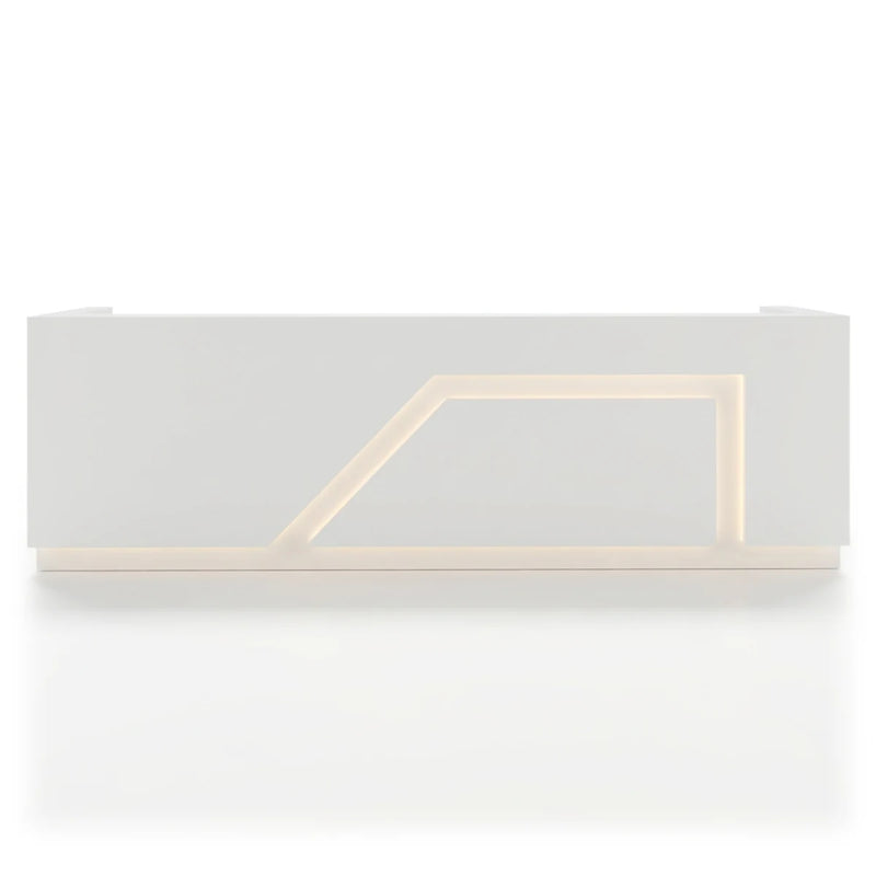 Avaris reception desk in glossy white with a lit geometric channel, studio angle