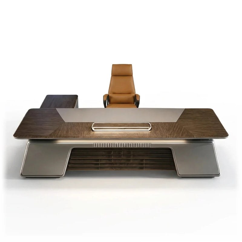 Velluto luxury desk in silver with louvered front and table lamp
