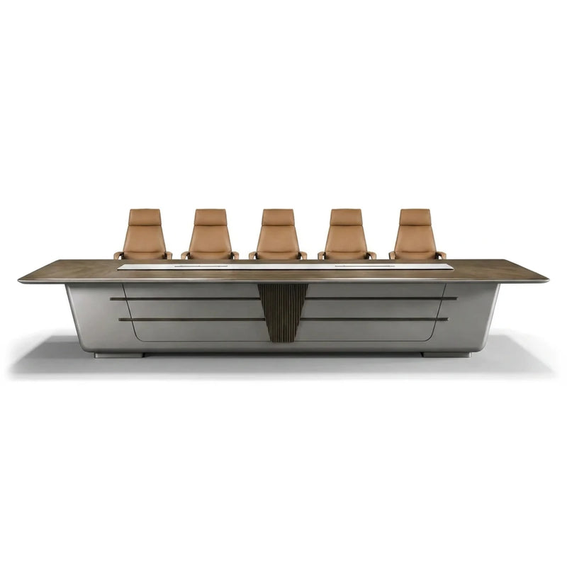 Amiens luxury conference table with a walnut-tone top, white center inlay and sculpted gray base, 7′10″ to 19′8″ (94 to 236-inch) lengths