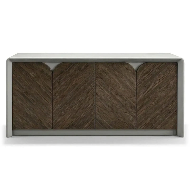 Clermont 5′3″ (63-inch) office credenza, angled view, white shell with curved corners and walnut chevron doors