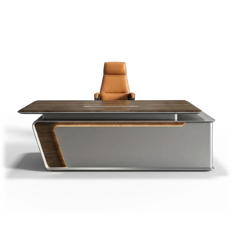 Modena luxury standing desk, walnut top raised on steel columns