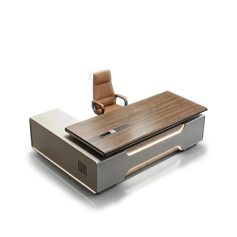 Valence desk in pearl gray with walnut top and lit reveal band