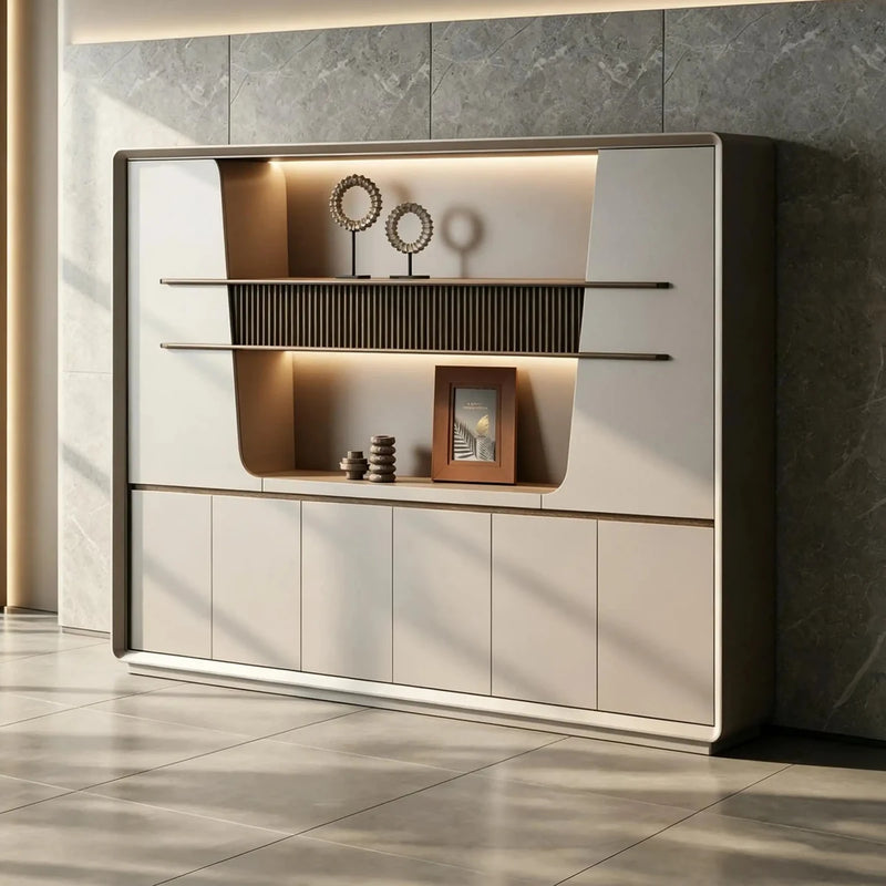 Montreux 7′11″ (95-inch) office shelves angled in a marble room, integrated lighting in the curved niche