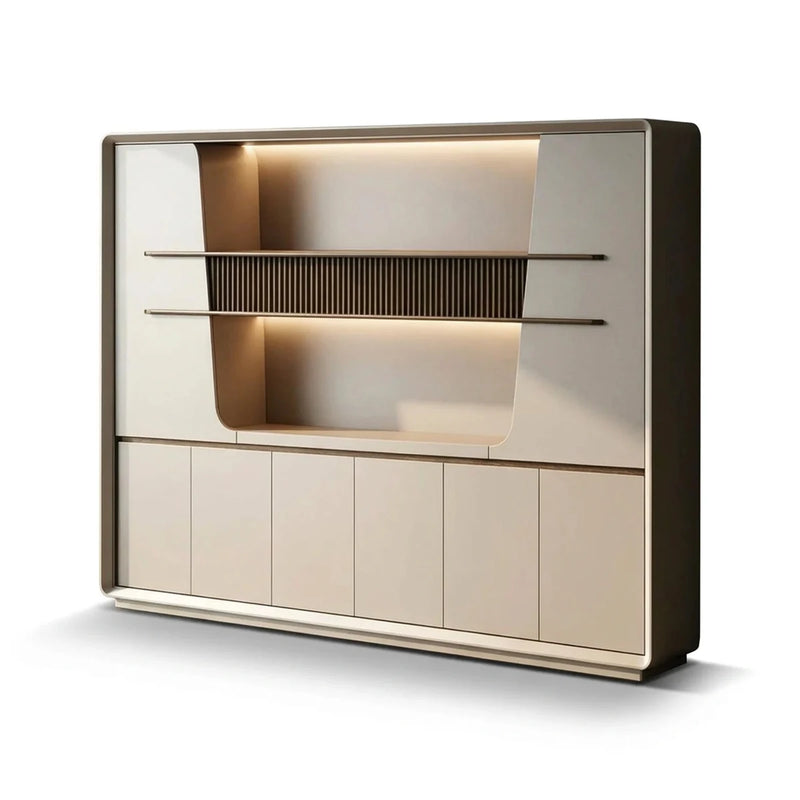 Montreux luxury office wall unit in pearl gray, curved lit display niche with bronze slats over four lower doors, front view