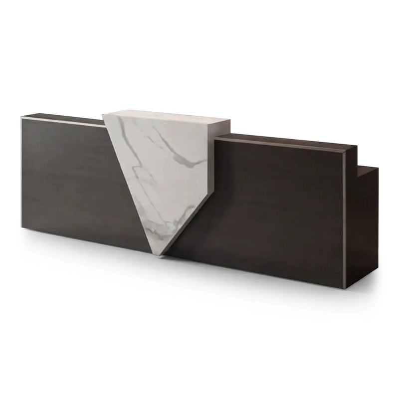 Emory luxury reception desk, dark woodgrain with a white marble wedge centerpiece