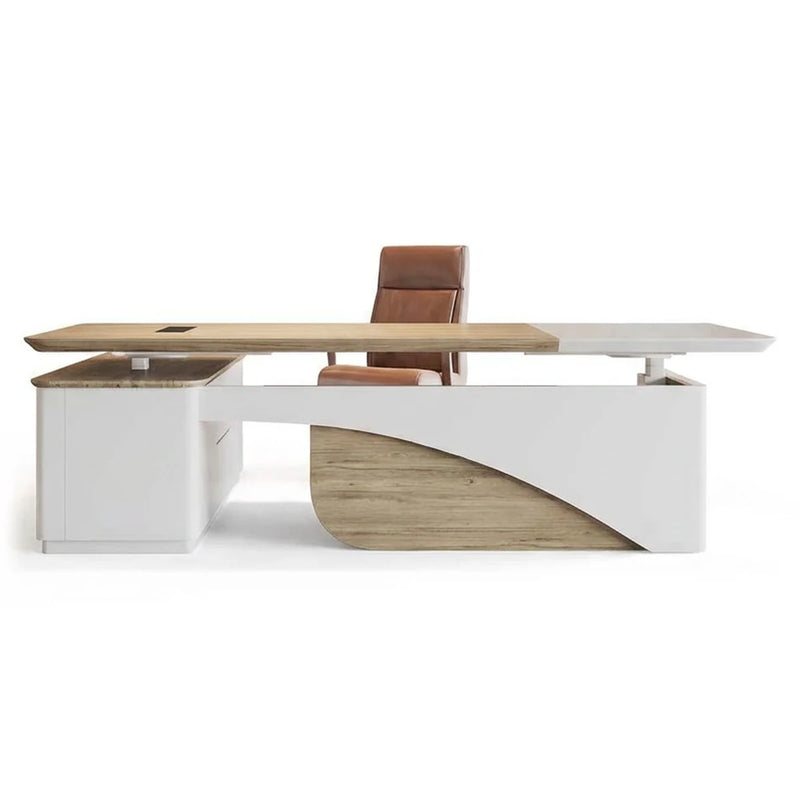 Albion L-shaped standing desk in white with light textured woodgrain, right return