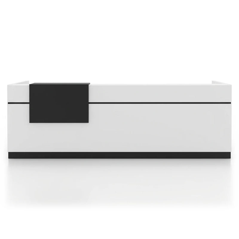 Levi reception desk in chalk white with black trim and counter mat, studio view