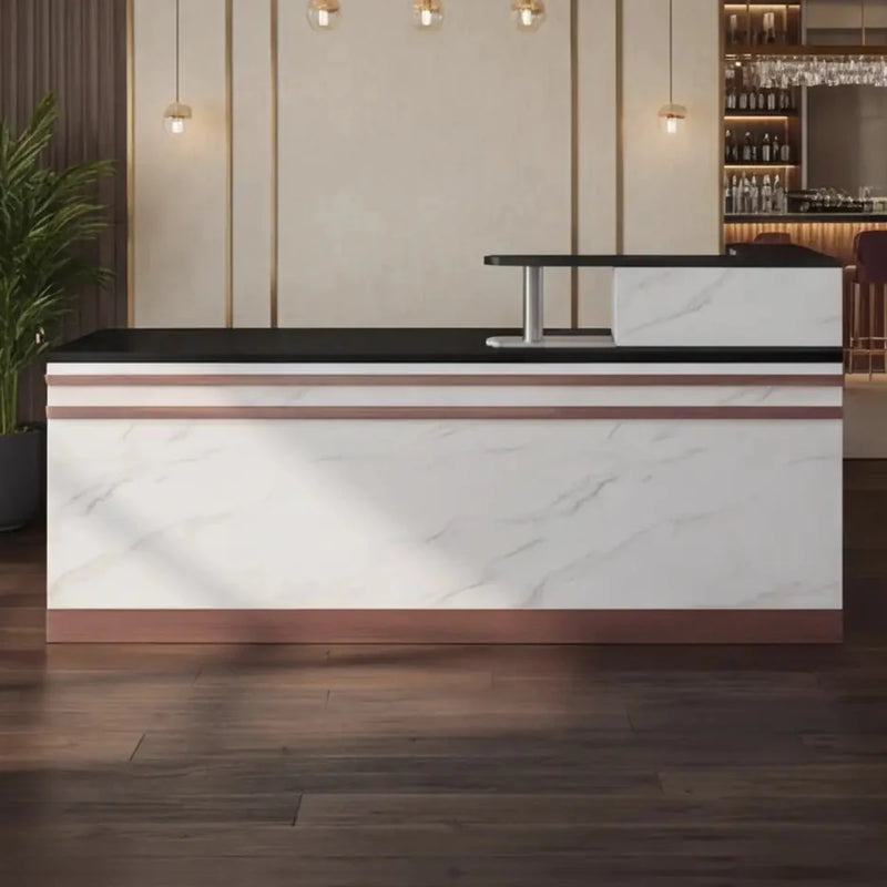 Hayes front desk, left configuration, in a gold-trimmed lounge