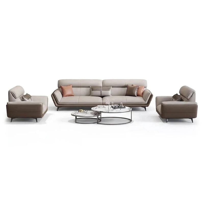 Skövde modern office lounge conversation set in beige and gray leather: 3-seater sofa, two arm chairs and round coffee tables