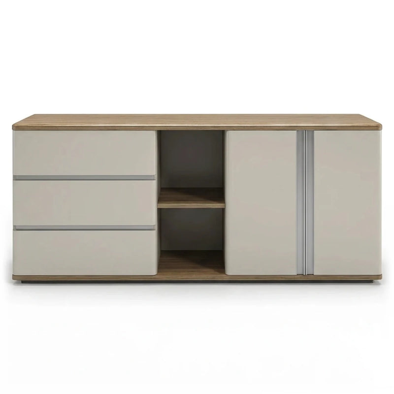 Waverley 5′3″ (63-inch) office credenza, putty gray lacquer with a light woodgrain top, three drawers, open cubby and a door