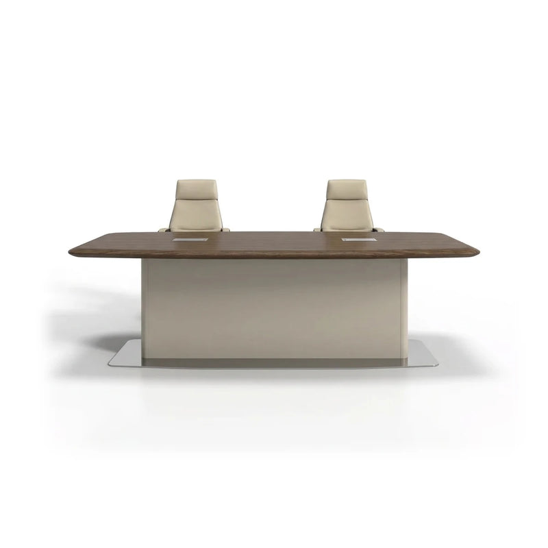 Alderley modern meeting table in textured woodgrain veneer on a taupe pedestal base, 5′11″ to 7′10″ (71 to 94-inch) lengths