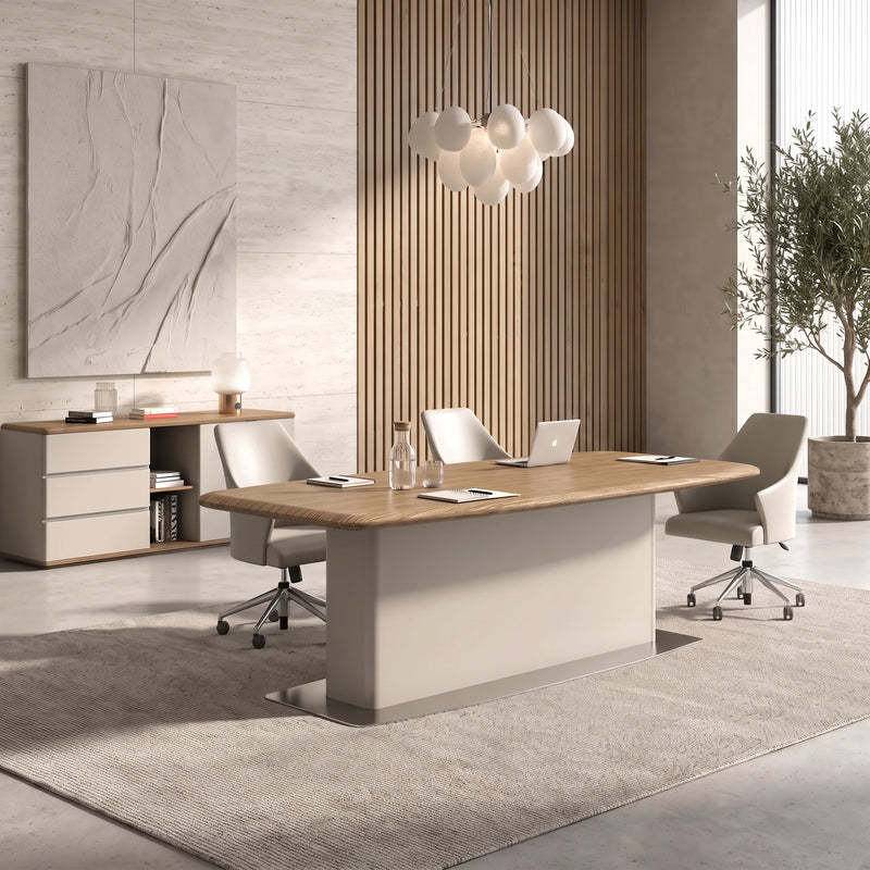 Alderley huddle table for a small team, four gray chairs and a matching credenza in a gray office
