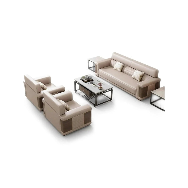 Arholma modern office lounge conversation set in beige and brown leather: 3-seater sofa, two arm chairs and a coffee table