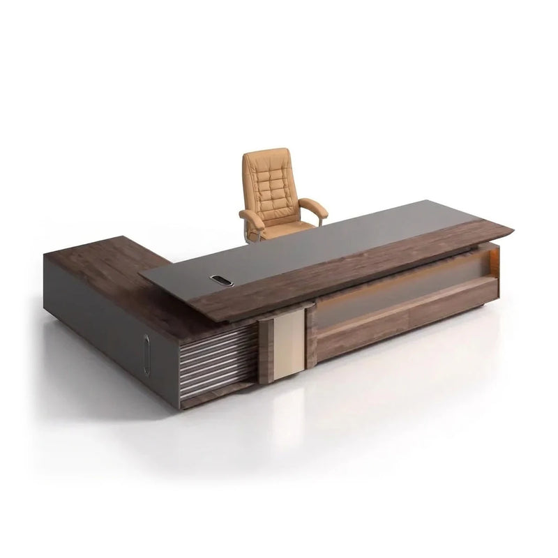 Frisco executive desk in burl walnut with gray stone-look top