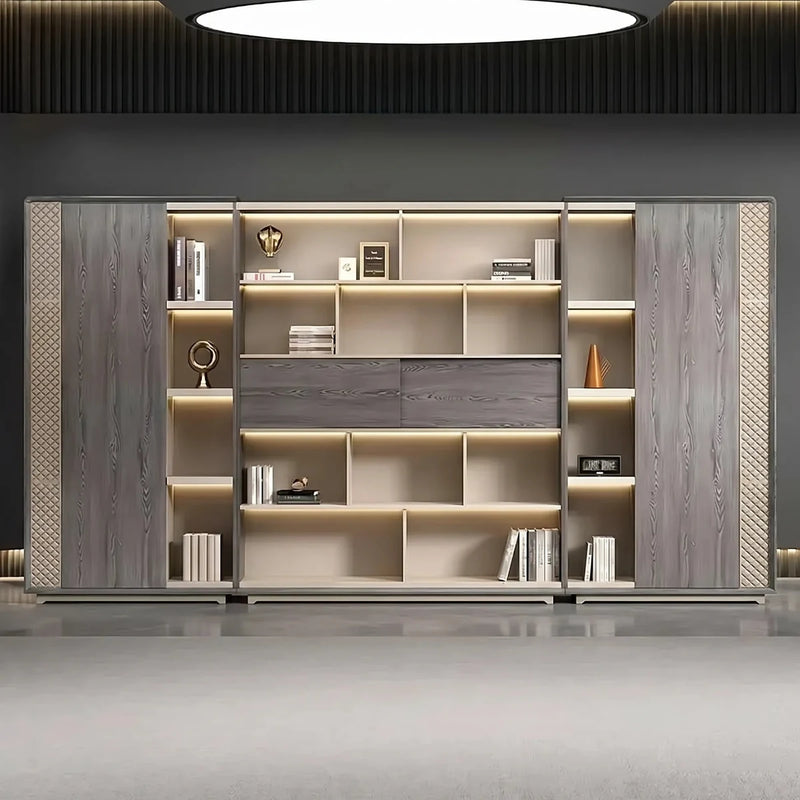 Loxmere luxury office shelves front view in a dark room, integrated lighting on the beige tiers, gray oak side cabinets