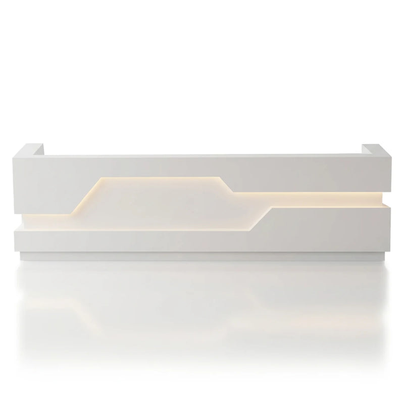 Raxen luxury reception desk with lit zigzag channel, studio angle