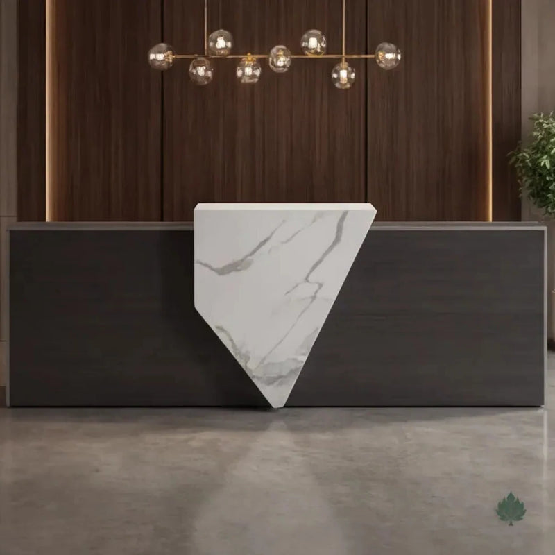 Emory desk, right configuration, under warm pendant lights