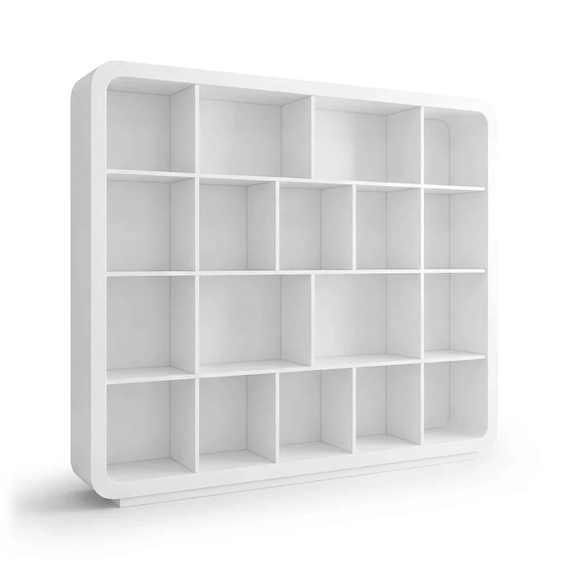 Idyll 7′3″ (87-inch) white open display shelves, rounded-corner bookcase with a grid of open cubbies, front view