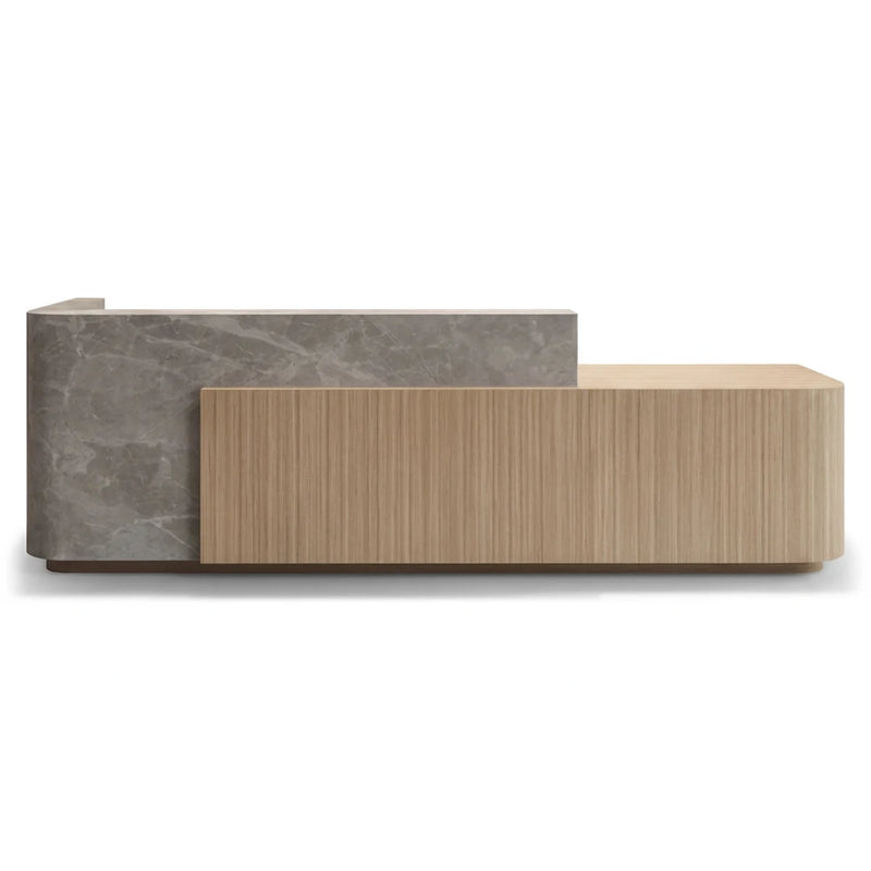 Regina reception desk: gray marble counter over fluted birch oak, studio view