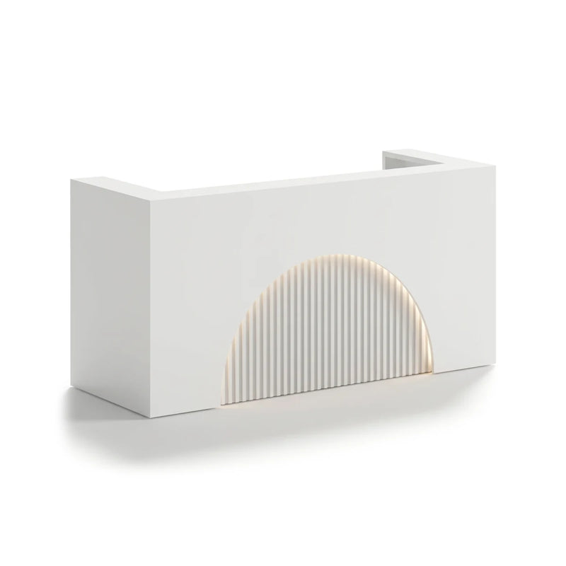 Beckett reception desk in glossy white with a lit slat arch, studio view