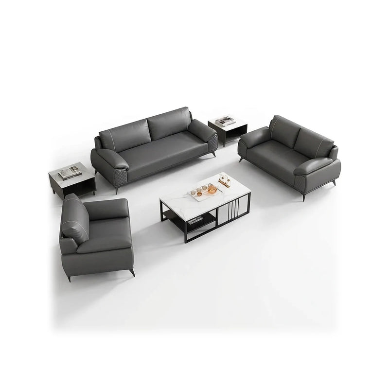 Bolmen modern office lounge conversation set in gray leather: 3-seater sofa, two arm chairs and a white coffee table