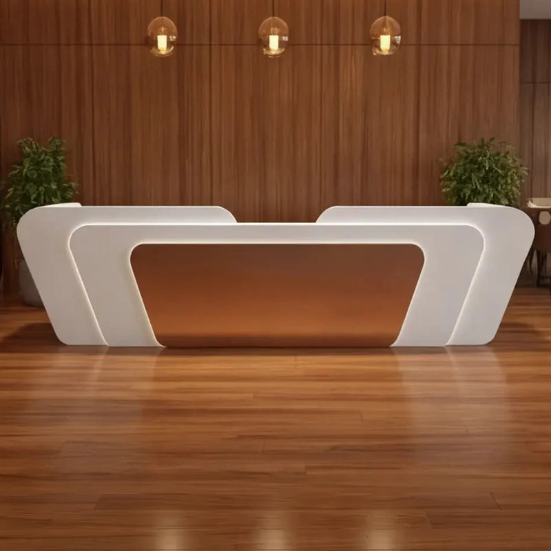 Alithia glossy white front desk against a wood-paneled lobby wall