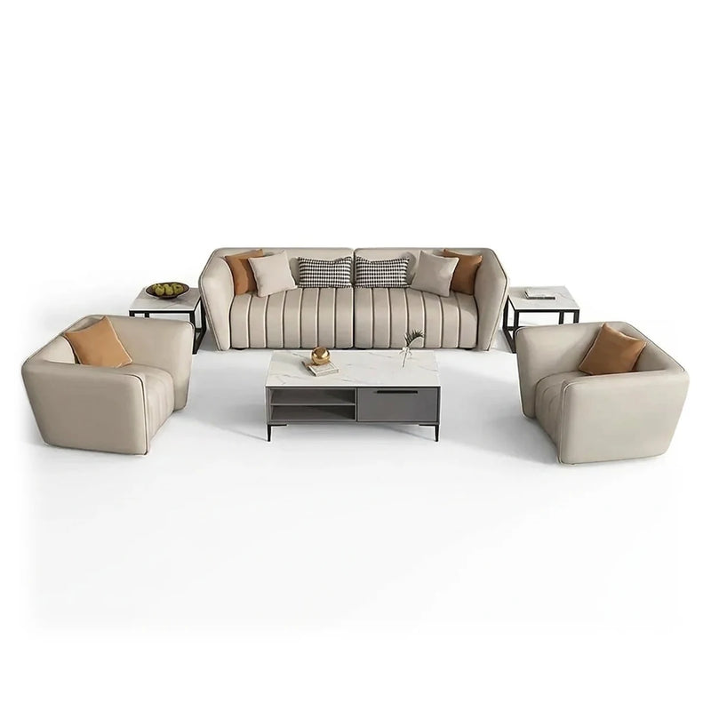 Ven modern office lounge conversation set in beige upholstery with channel tufting: 3-seater sofa, two arm chairs and side tables