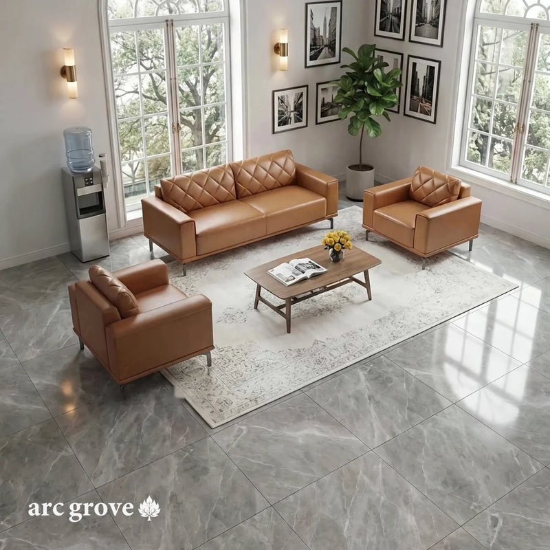 Ekerö brown leather conversation set in a bright waiting room with framed city prints and a water cooler
