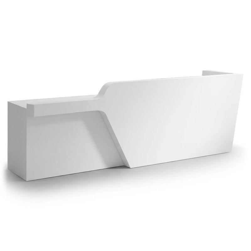 Cyrene reception desk in white with angled silhouette and side return, studio view