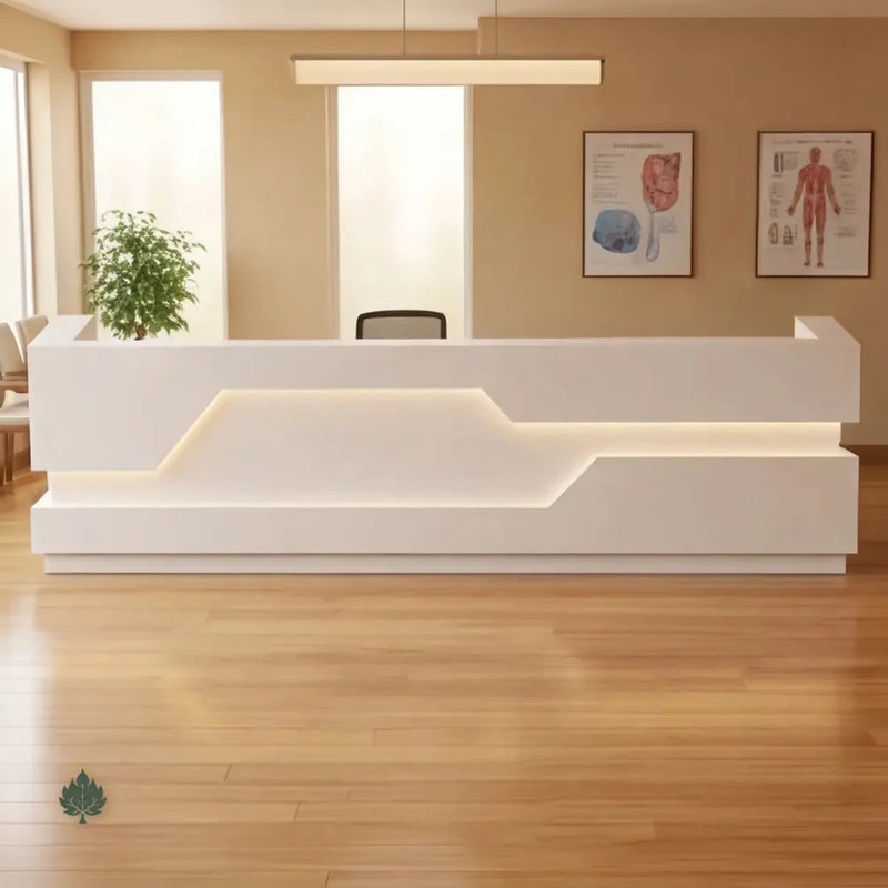 Raxen front desk, left configuration, in a beige waiting room