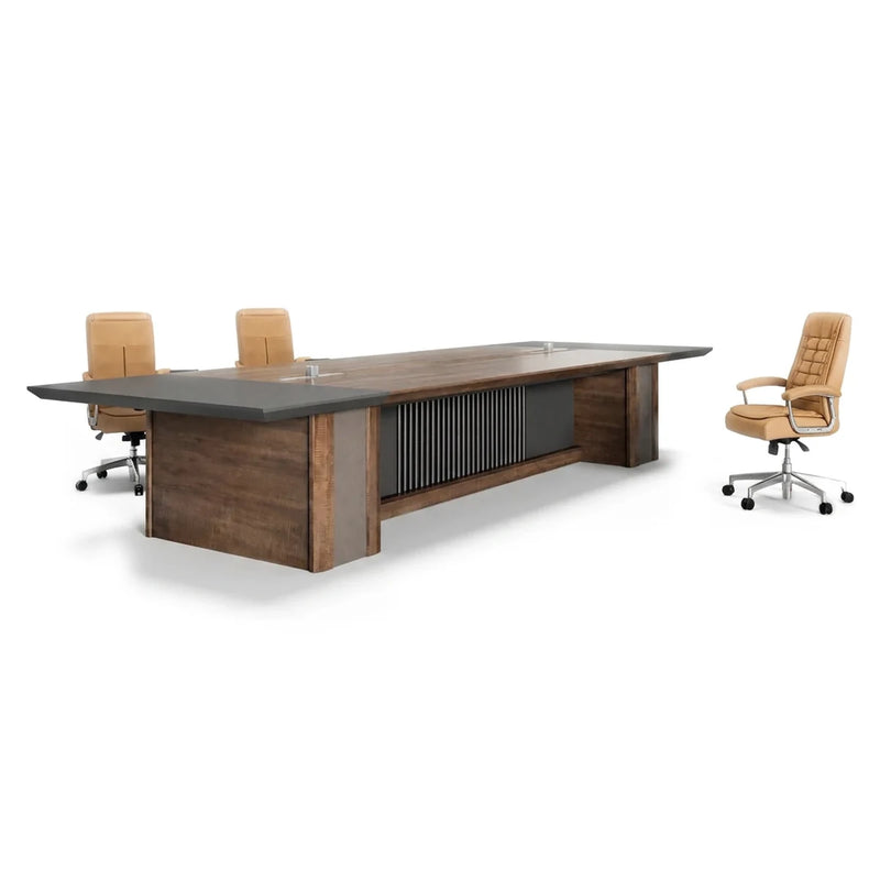 Westmere grand boardroom table at a massive 19′8″ (236 inches) seating 18, walnut with gray leather-look ends on three slatted pedestals