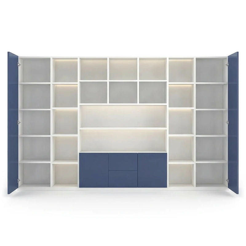 Axiom 10′6″ (126-inch) luxury office wall unit in white with blue lacquer doors, open grid shelves and integrated lighting