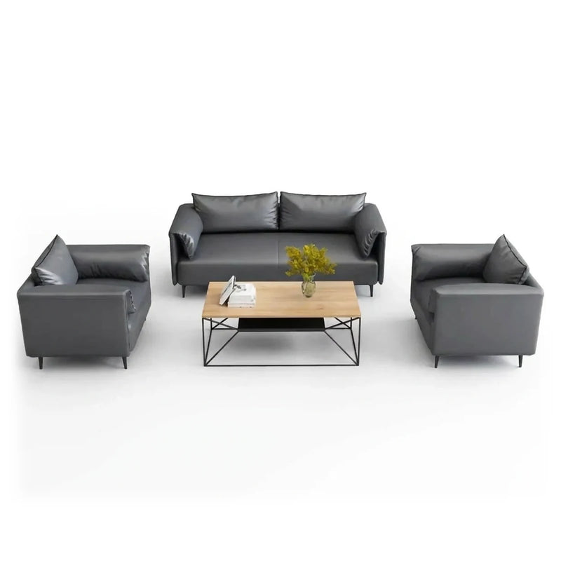 Luleå modern office lounge conversation set in black leather: 3-seater sofa, two arm chairs and a wooden coffee table